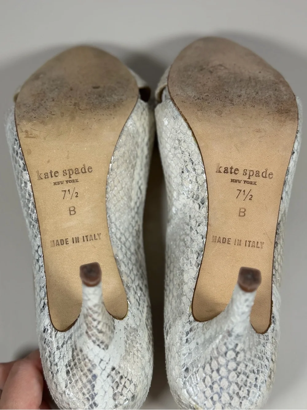 kate spade Silver Snake-Embossed Peep Toe Heels with Bow